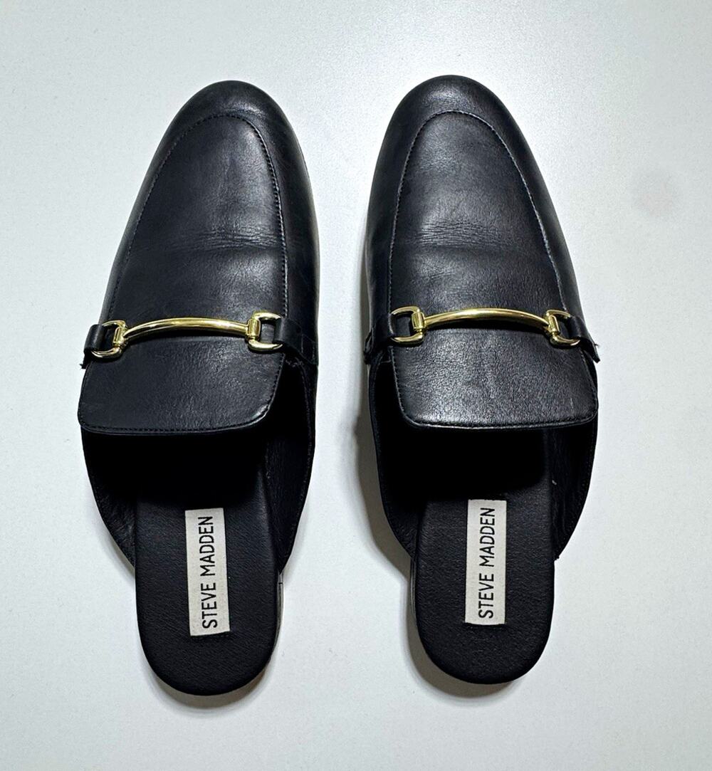 Steve Madden Women’s Black Leather Slip-On Loafer Flats Closed Toe Casual 8
